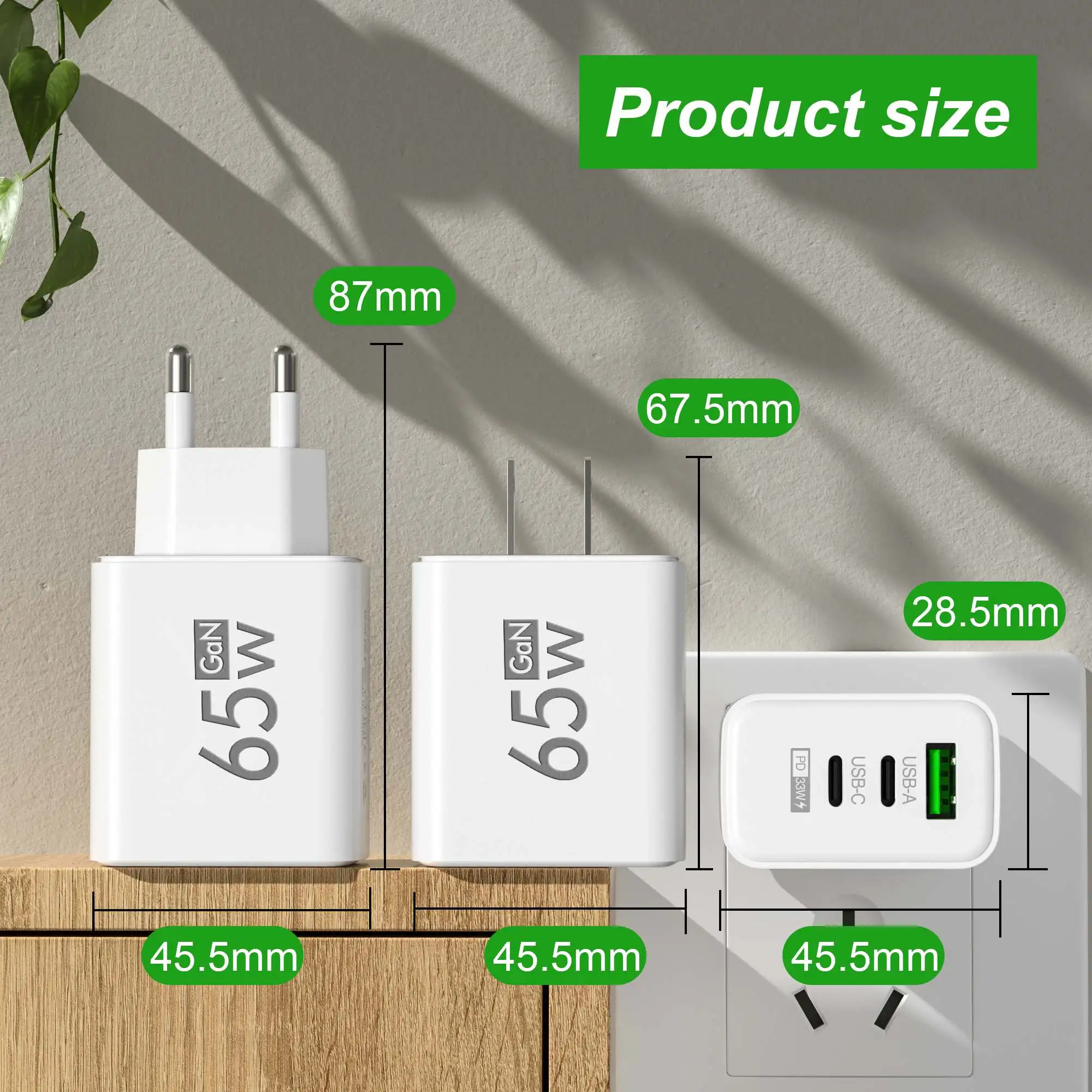 Useful Tablet Accessories - 접이식 65W GaN 3포트 USB-C 벽면